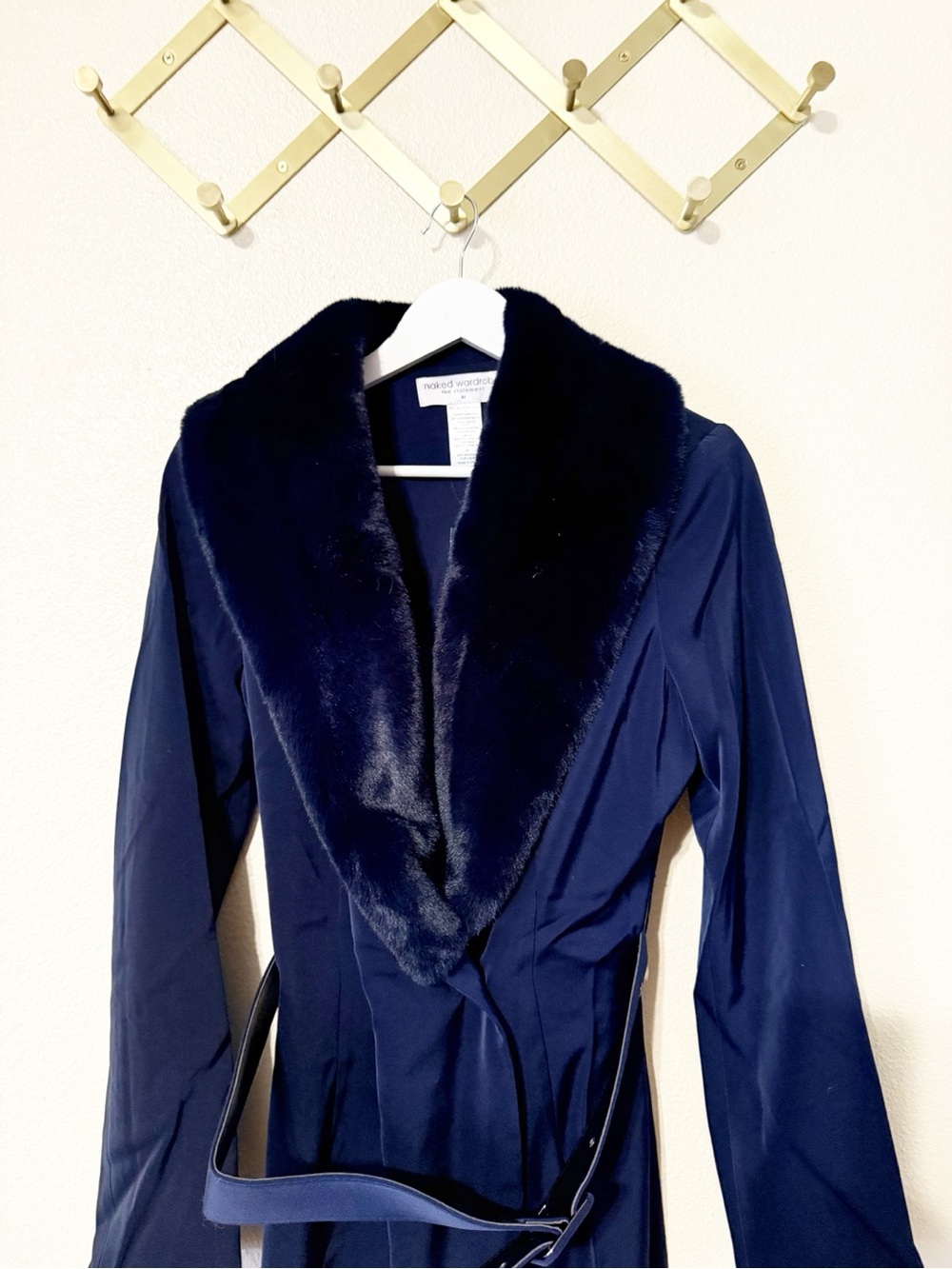 Naked Wardrobe The Statement Navy Blue Faux Fur Collar Belted Longline Coat NEW - Picture 5 of 5